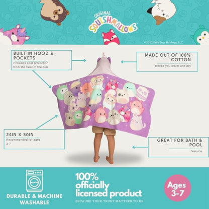 Squishmallows Kids Super Soft Bath/Pool/Beach Soft Cotton Terry Hooded Towel Wrap, 24 in x 50 in, (Officially Licensed Product) By Franco