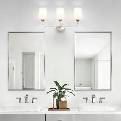 Bathroom Vanity Light, Brushed Nickel Bathroom Light Fixtures, 3-Light Lighting Fixtures Over Mirror, Modern Wall Sconce with Flared White Fabric Shade, E26 Socket(ETL Listed)