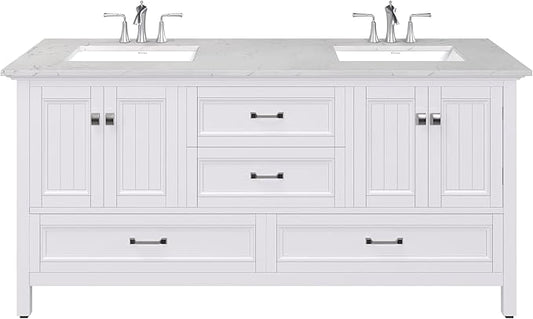 Eviva Britney 72 in. White Double Sink Bath Vanity with Carrara Quartz Top and Undermount Porcelain Sinks