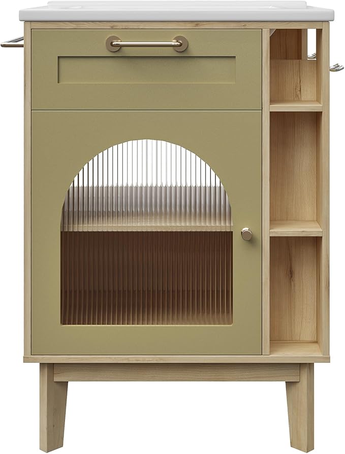 LIKIMIO 24 Inch Bathroom Vanity with Sink, Compact Bathroom Cabinet with Integrated Ceramic Sink, Arched Glass Door Storage with Adjustable Shelf, Towel Bar & Toilet Paper Holder for Small Bath