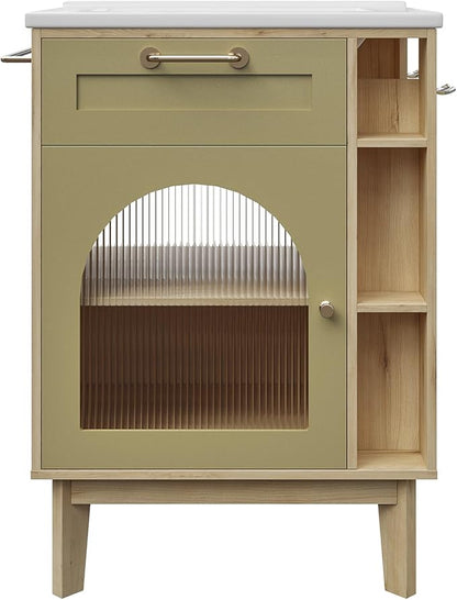 LIKIMIO 24 Inch Bathroom Vanity with Sink, Compact Bathroom Cabinet with Integrated Ceramic Sink, Arched Glass Door Storage with Adjustable Shelf, Towel Bar & Toilet Paper Holder for Small Bath