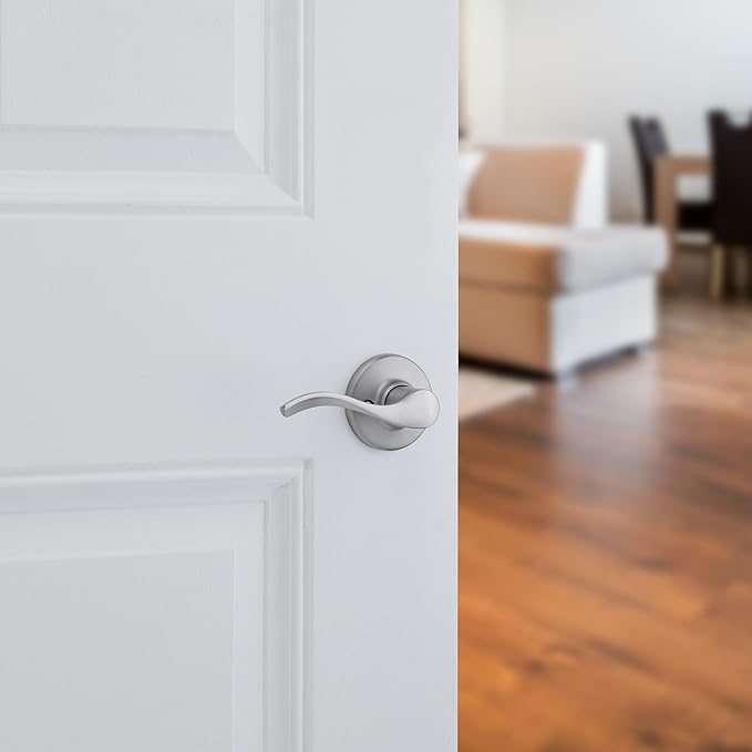 Kwikset Balboa Interior Privacy Door Handle with Lock, Door Lever for Bathroom and Bedroom, Satin Chrome Reversible Keyless Turn Lock, with Microban Protection