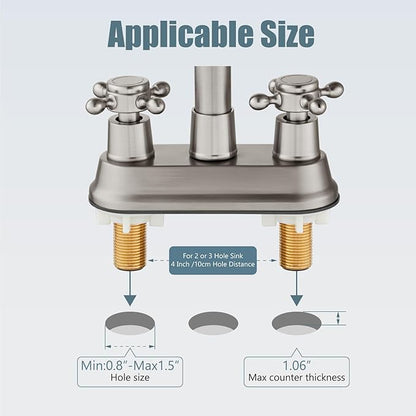 Aolemi 4 Inch Centerset Bathroom Sink Faucet Vintage 2 Cross Handle RV Mixer Tap Basin Vanity Lavatory Utility for Sink 3 Hole Include Hoses Pop Up Drain Faucet Handle Without Label Brushed Nickel
