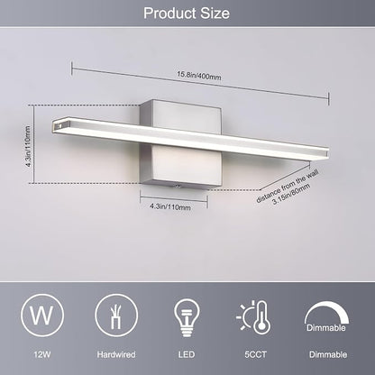 LED Brushed Nickel Vanity Lights for Bathroom Light Fixtures 5CCT Dimmable Vanity Light Bar Bathroom Lighting 15.7' Inch 12W
