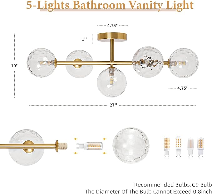5 Lights Bathroom Vanity Light,Brushed Gold Globe Bathroom Light Fixtures | Hammered Clear Glass Wall Sconce Lighting,Mid Century Modern Brass Bubble Glass Bathroom Vanity Lights over Mirror,G9 Base