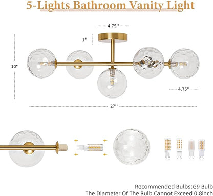 5 Lights Bathroom Vanity Light,Brushed Gold Globe Bathroom Light Fixtures | Hammered Clear Glass Wall Sconce Lighting,Mid Century Modern Brass Bubble Glass Bathroom Vanity Lights over Mirror,G9 Base