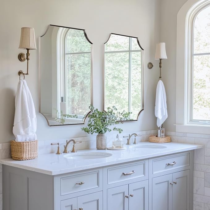 Brushed Nickel Mirror 24x36 Inch, Scalloped Bathroom Mirror, Silver Vanity Mirror in Anti-Rust Stainless Steel Metal Thin Frame Deep 1’’, Wall-Mounted Mirror (Horizontal/Vertical)