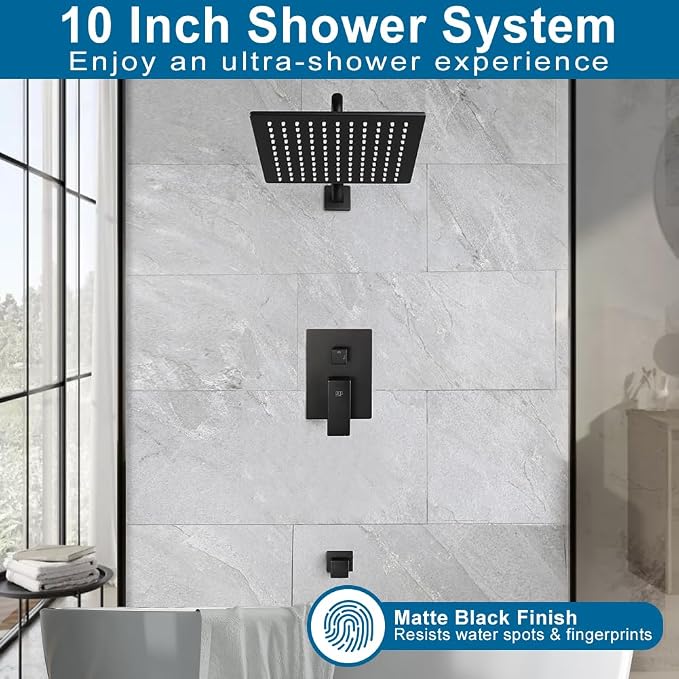 Black Shower Tub Faucet Set Bathroom Rain Shower System with Tub Spout Wall Mounted Rainfall 10 Inch Shower Head and Handle Set Shower Valve and Trim Kit