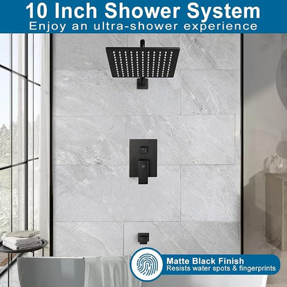 Black Shower Tub Faucet Set Bathroom Rain Shower System with Tub Spout Wall Mounted Rainfall 10 Inch Shower Head and Handle Set Shower Valve and Trim Kit