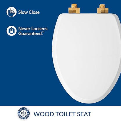 Mayfair Bennett Toilet Seat with Brushed Gold Hinges, Slow Close Wood Seat, Secure Metal Hinges, Easy Install, Made in USA, Elongated, White