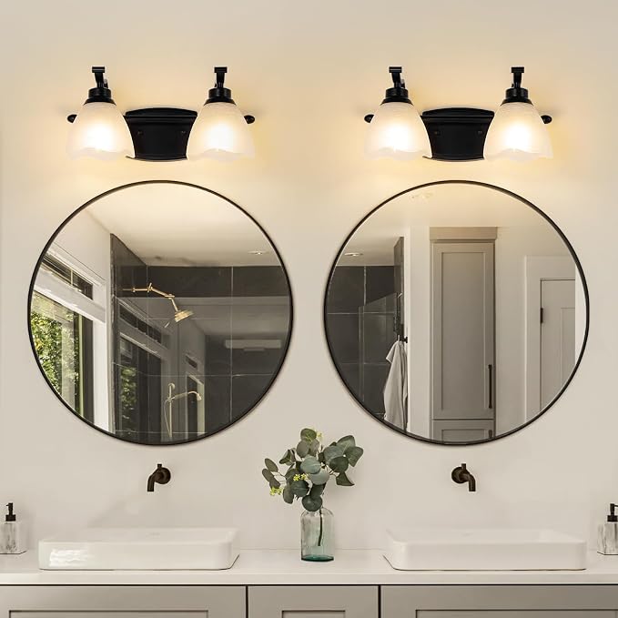 Bathroom Light Fixtures (2-Light, 15 Inch), Matte Black Vanity Lights for Bathroom with White Frosted Glass Shade, Modern Vanity Wall Lights for Mirror Bedroom Living Room Hallway