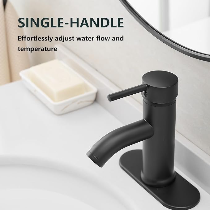 Matte Black Bathroom Faucets Single Hole Bathroom Sink Faucet | Modern Single Handle Bathroom Faucte 1 or 3 Hole, RV Sink Vanity Faucet (with Drain, Black)
