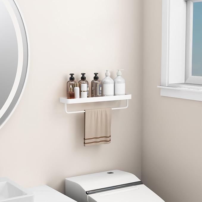 20 Inch Long Floating Bathroom Shelf with Towel Bar, Clear Tempered Glass Wall Shelf for Bathroom Storage Organizer, Matte White