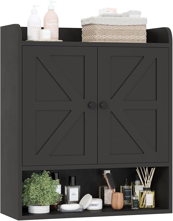 EasyCom 22" W x 26" H Bathroom Wall Cabinet, Farmhouse Medicine Cabinet with Adjustable Shelves and Double Barn Doors, Over The Toilet Storage Cabinet for Bathroom, Kitchen, Living Room, Black