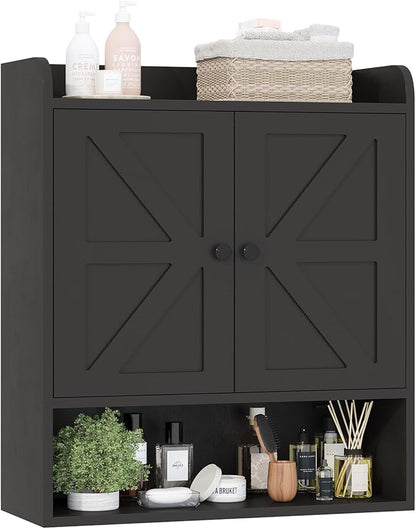 EasyCom 22" W x 26" H Bathroom Wall Cabinet, Farmhouse Medicine Cabinet with Adjustable Shelves and Double Barn Doors, Over The Toilet Storage Cabinet for Bathroom, Kitchen, Living Room, Black