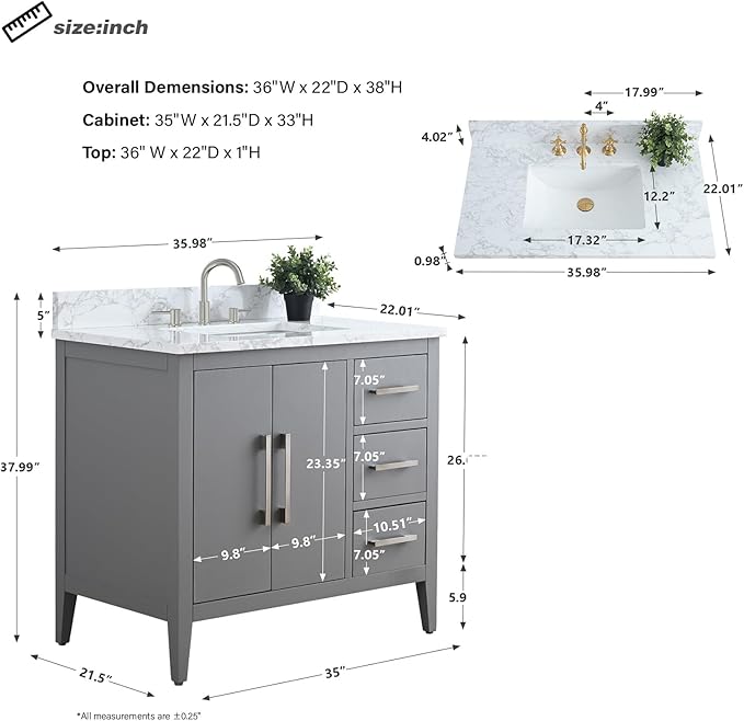 HomeBeyond 36 Inch Bathroom Vanity with Sink & Ceramic Top, Single Vanity Cabinet with Basin, Soft-Closing Doors & Matte Black Hardware, Grey