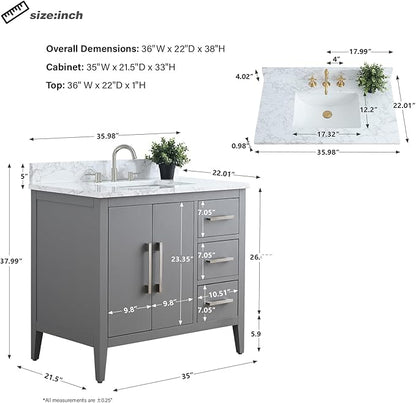 HomeBeyond 36 Inch Bathroom Vanity with Sink & Ceramic Top, Single Vanity Cabinet with Basin, Soft-Closing Doors & Matte Black Hardware, Grey