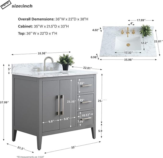 HomeBeyond 36 Inch Bathroom Vanity with Sink & Ceramic Top, Single Vanity Cabinet with Basin, Soft-Closing Doors & Matte Black Hardware, Grey