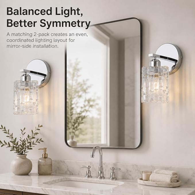 2-Pack Chrome Crystal Bathroom Vanity Lights, 1-Light Wall Mount Fixture for Over Mirror, Modern Wall Light for Bathroom, Bedroom, Hallway