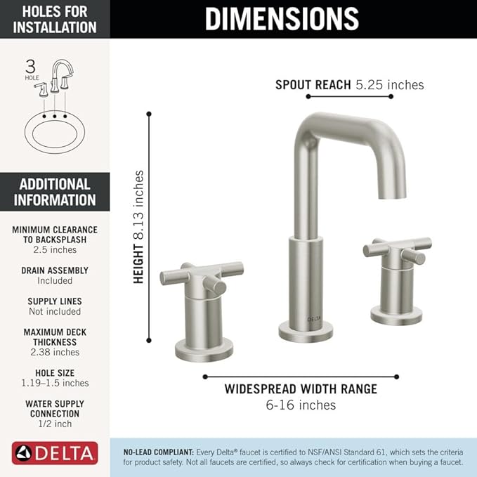 Delta Faucet Nicoli Widespread Bathroom Faucet 3 Hole, Brushed Nickel Bathroom Faucet, Bathroom Sink Faucet, Drain Assembly, Stainless 35894LF-SS
