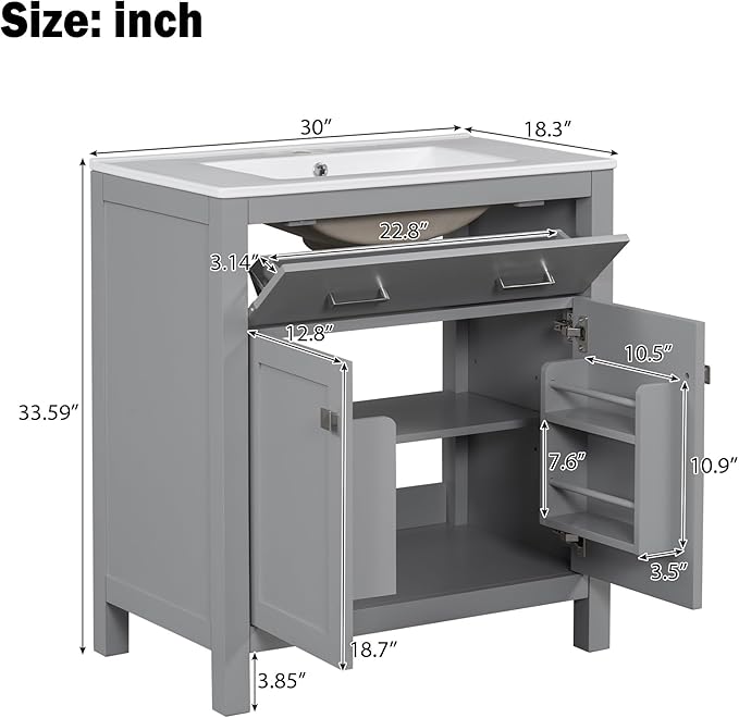 60" Grey Bathroom Vanity with Double Sink, 60 Inch Bathroom Vanity Set with Double Vanities (Separate), 2 Bathroom Vanities with Sink, Adjustable Shelf, Soft Close Doors and Flip Drawer