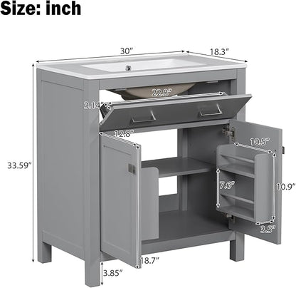 Favfurish 30" Bathroom Vanity with Ceramic Sink,Undermount Single Basin Vanity Set w/1 Flip-Out Drawer and 2 Soft-Close Doors & Adjustable Shelf,Freestanding Storage Cabinet,Solid Wood Frame,Gray