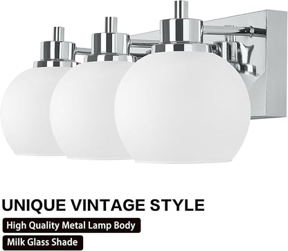Tuscarora Chrome Vanity Light - 3 Light Bathroom Vanity Light with Milk Glass Shade, Over Mirror Lighting Fixture