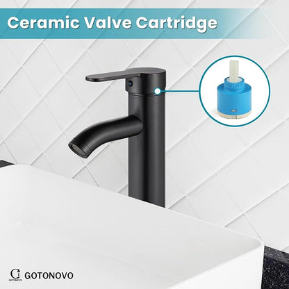 gotonovo Modern Vessel Sink Faucet with ABS Pop Up Drain, Oil Rubbed Bronze | Modern Tall Bathroom Faucet 1 Hole Single Handle Round Body, cUPC Water Supply Hoses, Basin Mixer Tap for Vanity Lavatory Rv