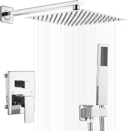 Polished Chrome Shower System 10 Inch Bathroom Luxury Rain Mixer Shower Combo Set Wall Mounted Rainfall Shower Head and Handheld System Shower Faucet Rough-in Valve Body and Trim Kit