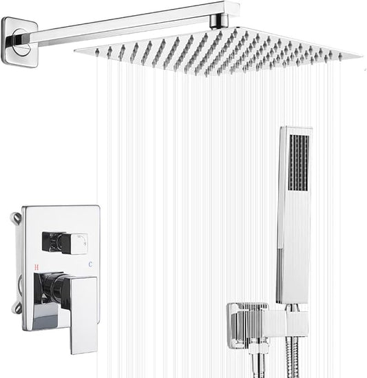 Polished Chrome Shower System 10 Inch Bathroom Luxury Rain Mixer Shower Combo Set Wall Mounted Rainfall Shower Head and Handheld System Shower Faucet Rough-in Valve Body and Trim Kit