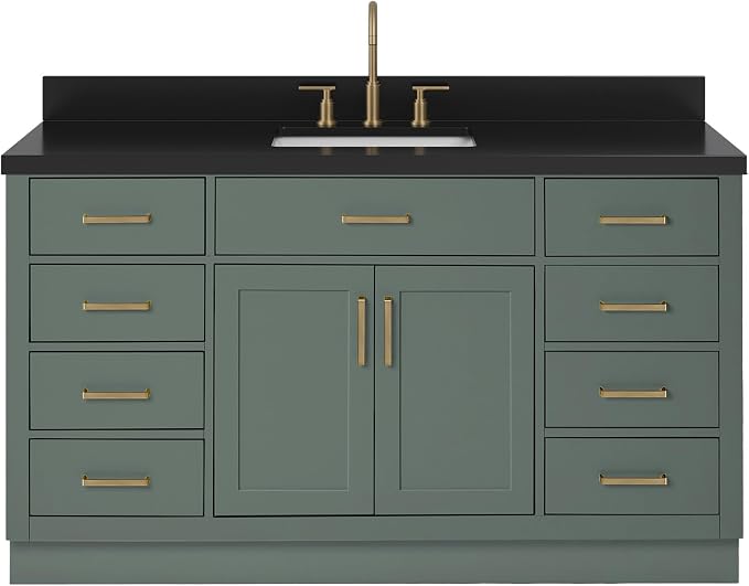 ARIEL Hepburn 60-inch Bathroom Vanity with Sink,Solid Wood, 1.5-inch Carbon Black Quartz Countertop, Single Rectangular Porcelain Sink, Soft Closing Doors, Dovetail Drawers, Vintage Green