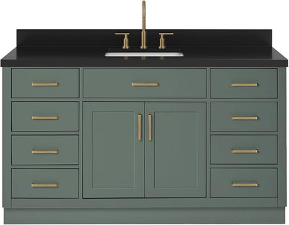 ARIEL Hepburn 60-inch Bathroom Vanity with Sink,Solid Wood, 1.5-inch Carbon Black Quartz Countertop, Single Rectangular Porcelain Sink, Soft Closing Doors, Dovetail Drawers, Vintage Green