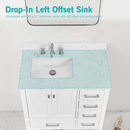 36"x22" Engineered Stone Bathroom Vanity Top with Rectangular Undermount Ceramic Left Offset Sink, 8 Inch Faucet Hole Spread with Backsplash Bathroom Vanity Sink Top (Cabinet Not Included)