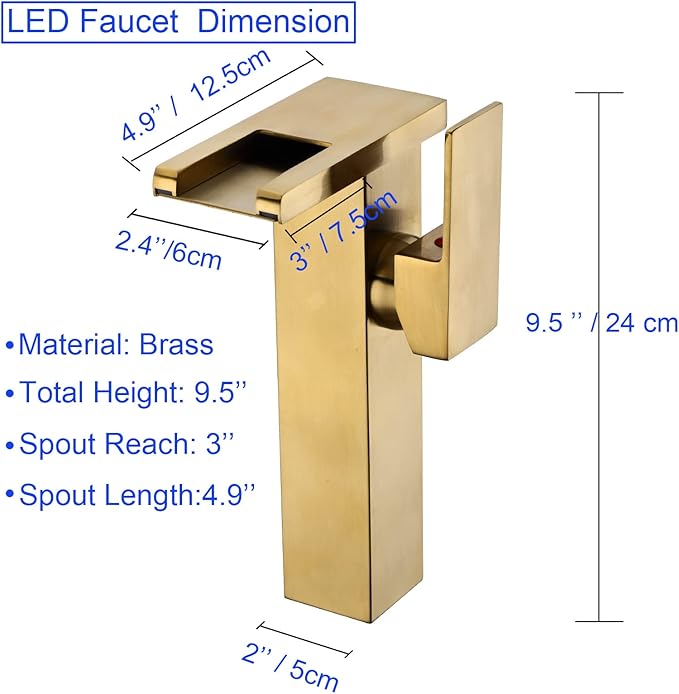 LED Waterfall Bathroom Sink Faucet, 3 Colors Spout Faucet with Water Supply Hose, Single Handle Single Hole Slanted Body Brass Mixer Vanity Sink Tap Brushed Gold