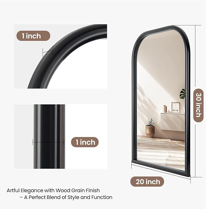 Arch Wall Mirror for Wall Mounted, Tempered Glass, Wood Grain Finish Frame Wall Mirror Decorative for Bedroom Living Room Vanity Mirror (Black, 30" L x 20" W)