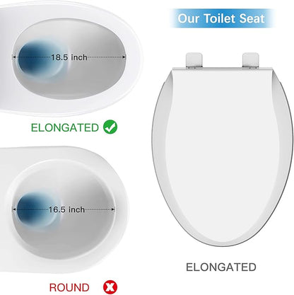 19" Elongated Slow Close Toilet Seat, White Polypropylene Toilet Seat Cover with Never Loosen Durable Lid, Quiet and Easy to Install and Clean