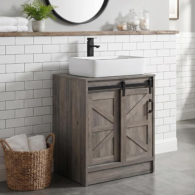 24" Farmhouse Bathroom Vanity with Sink, Bathroom Storage Cabinet with Sliding Barn Doors & Metal Handle, Freestanding Vanity Without Sink