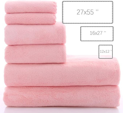MOONQUEEN Ultra Soft Towel Set - Quick Drying - 2 Bath Towels 2 Hand Towels 2 Washcloths - Microfiber Coral Velvet Highly Absorbent Towel for Fitness, Bathroom, Sports, Yoga, Travel (Pink, 6 Pcs)