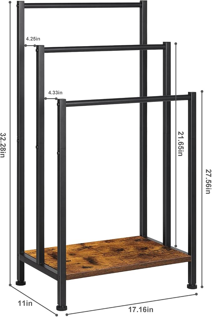 Towel Rack Freestanding, Blanket Rack Stand with Wooden Storage | Standing Towel Rack, 3 Tier Blanket Holder for Bathroom, Towel Drying Holder Stand with Shelf, Rustic Brown and Black