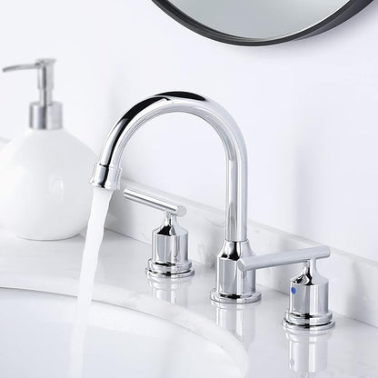 WOWOW Chrome Bathroom Faucet Widespread Bathroom Sink Faucet 3 Hole Vanity Faucet 8 Inch Brass Basin Faucet 2 Handle Tall Bathroom Tap with Drain and Hoses