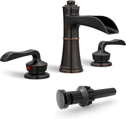 4-16 Inch Widespread Faucet Bronze Waterfall Bathroom Faucet 3 Hole Bathroom Sink Faucet, Brass Bath Faucets for Sink Two Handle Vanity Faucet with Drain and Supply Water Hose