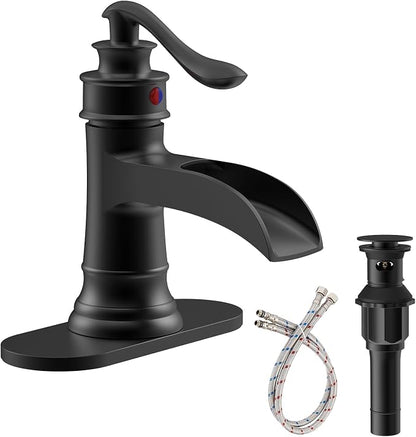 Black Bathroom Faucet Matte Waterfall Sink Farmhouse Vanity Single Hole | Faucets One Handle Basin Antique centerset with Pop Up Drain Stopper Mixer Tap Overflow Supply Line by Homevacious