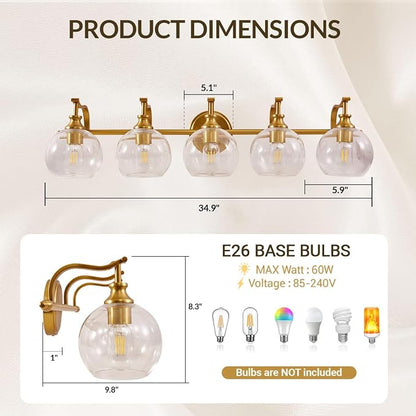 Brushed Gold Bathroom Light Fixtures, 5-Light Vanity Lights for Mirror, 35 Inch Modern Wall Sconces Lighting with Globe Clear Shade Up or Down Wall Mounted for Bedroom, Living Room, Hallway