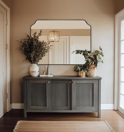 32x40 Black Scalloped Bathroom Vanity Mirror | Rust-Proof Stainless Steel Frame, Scalloped Notched Corner, Mount Vertically or Horizontally, Ideal for Bathroom, Powder Room
