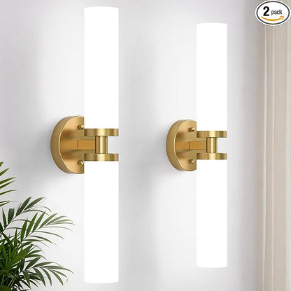 Wall Sconces Set of 2 Hardwired Bathroom Light Fixtures E26 Base | Brushed Gold, 22Inch, Modern Vanity Wall Lighting with Milky White Glass Shade, for Mirror Bedroom Living Room Hallway