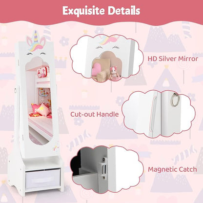 CHARMAID Kids Jewelry Cabinet - 45.5" Standing Armoire with Full Length Mirror, Kids Jewelry Organizer with Storage Drawers, Vanity Dressing Mirror for Girls (White)