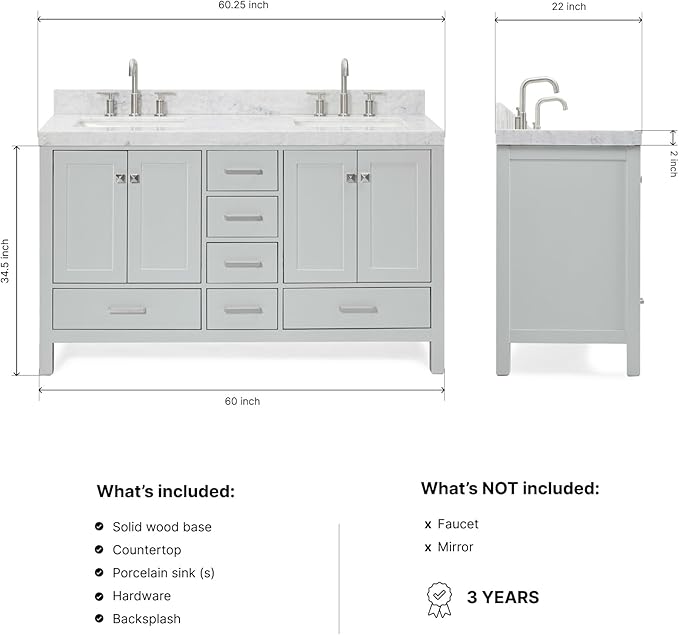 ARIEL Cambridge 60-inch Bathroom Vanity with Sink,Solid Wood, 2-inch Italian Carrara Marble Countertop, Double Rectangular Porcelain Sink, 4 Soft Closing Doors, 6 Dovetail Drawers, Grey