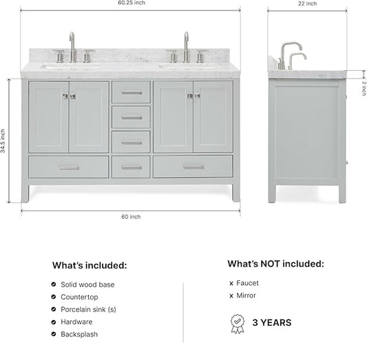 ARIEL Cambridge 60-inch Bathroom Vanity with Sink,Solid Wood, 2-inch Italian Carrara Marble Countertop, Double Rectangular Porcelain Sink, 4 Soft Closing Doors, 6 Dovetail Drawers, Grey