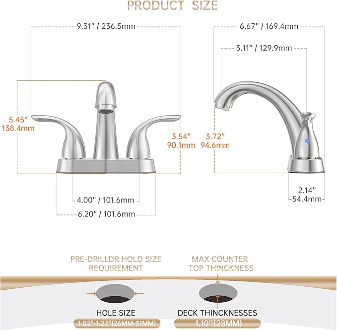 Phiestina Centerset 4 Inch Brushed Nickel 2 or 3 Holes Stainless Steel Bathroom Sink Faucet 2 Pack, 2 Handle Bathroom Faucet with Copper Pop Up Drain and Water Supply Lines, BF008-5-BN-2PACK