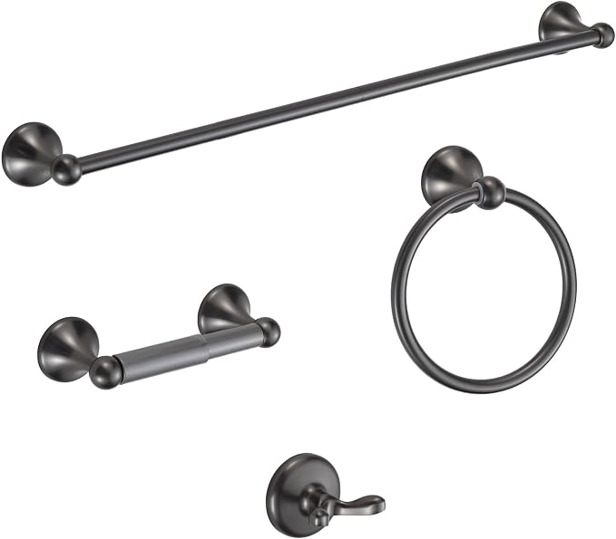 BGL Bathroom Hardware Set Grey Electroplating 4-Piece Bathroom Accessories Set Wall Mounted Adjustable Towel Bar Robe Hook Toilet Paper Holder Towel Ring Glossy Grey